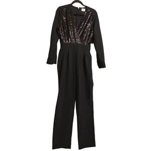 Lini Womens Jumpsuit Black Smocked Surplice Neck Long Sleeve Sequin Zipper M New